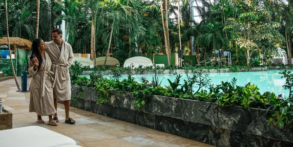 Ein Pärchen geht durchs Palmenparadies