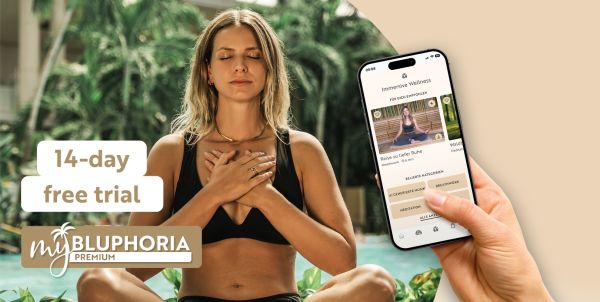 Graphic shows woman with closed eyes and caption: ‘Try 14 days free - MyBLUPHORIA Premium’