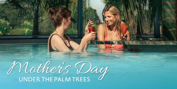 Women are drinking cocktails in a pool, caption "Mother's Day under palm trees"