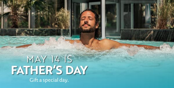 A father is relaxing in a pool, caption "Father's Days"