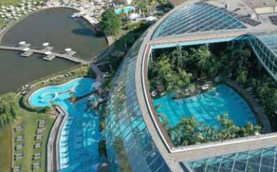Aerial view of the Palmenparadies with open retractable roof