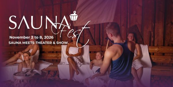 A man performing an Aufguss in a sauna, text reading: "Sauna Fest. November 2 to 8, 2026. Sauna meets theater & show."
